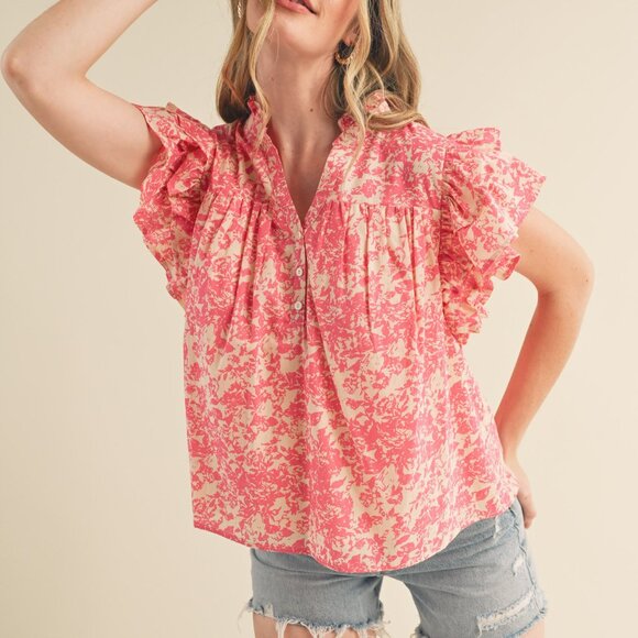 Floral Flutter Sleeve Button Down Top - NWT - Size M - Picture 3 of 4